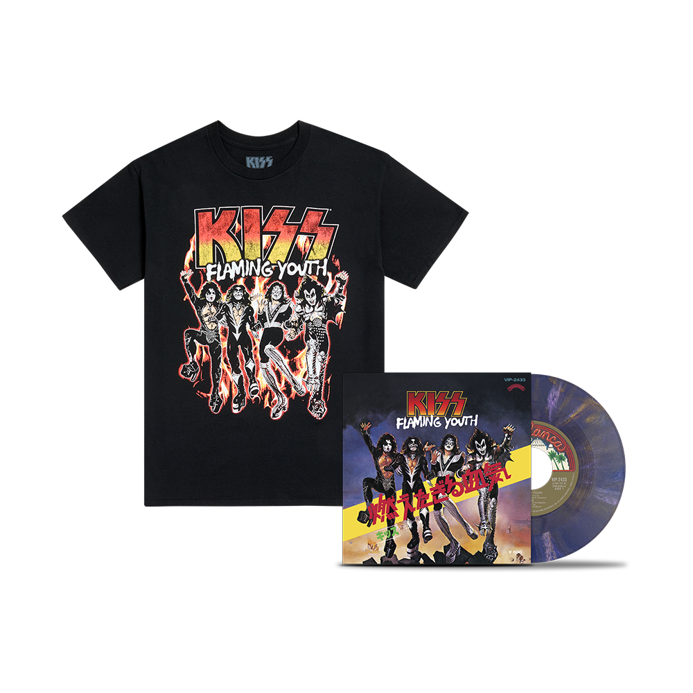 Kiss Flaming Youth / God Of Thunder 7” + Flaming Youth Single Cover T-Shirt Vinyl-Bundle 441745